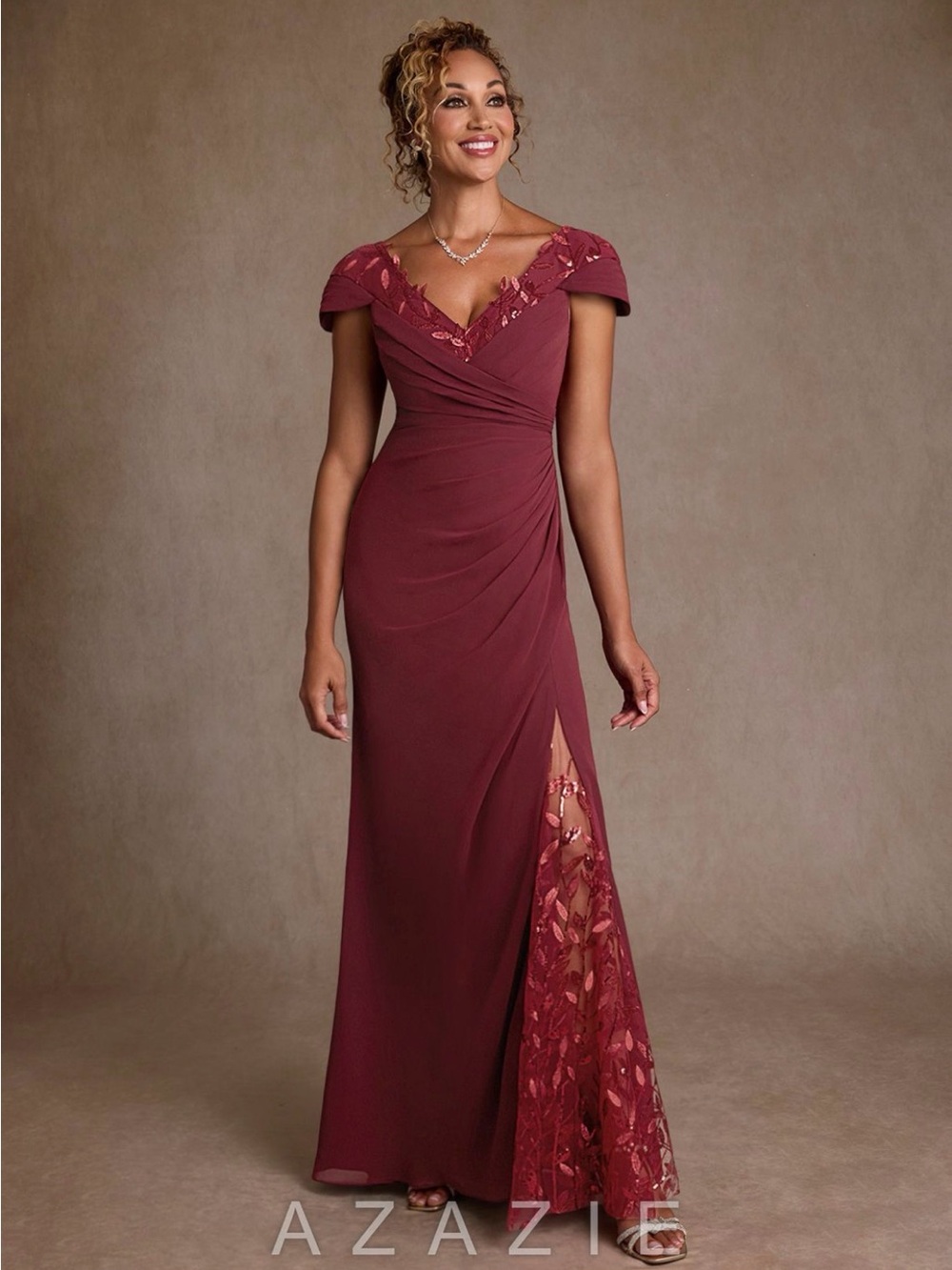 Azazie Burgundy Lace-Panel Off-Shoulder Evening Gown